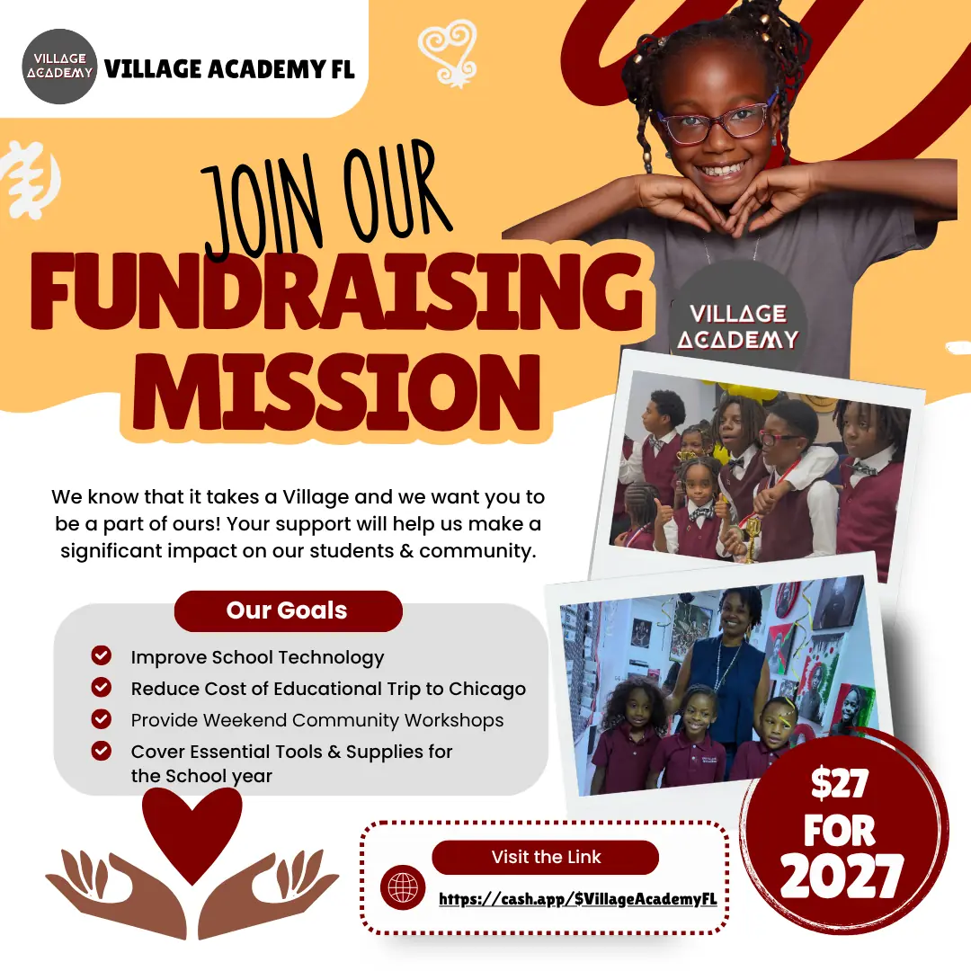 Village Academy fundraising mission featuring students and fundraising goals